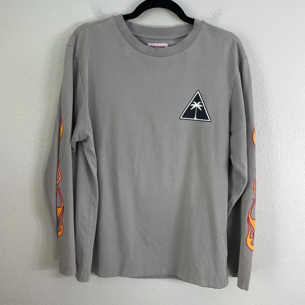 Palm Angels Unisex Medium‎ Grey Flame Graphic Long Sleeve Shirt Triangle Logo